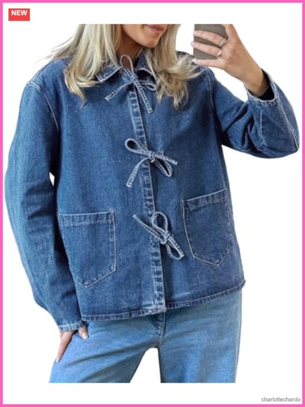 Women's Tie Front Denim Jacket Loose Fit Long Sleeve Shacket with Pockets
